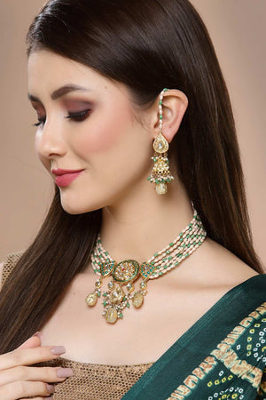 Gold And Green Gold-Plated Kundan And Pearls Jhumka Earring With Hair Chain