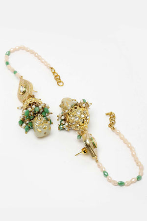 Gold And Green Gold-Plated Kundan And Pearls Jhumka Earring With Hair Chain
