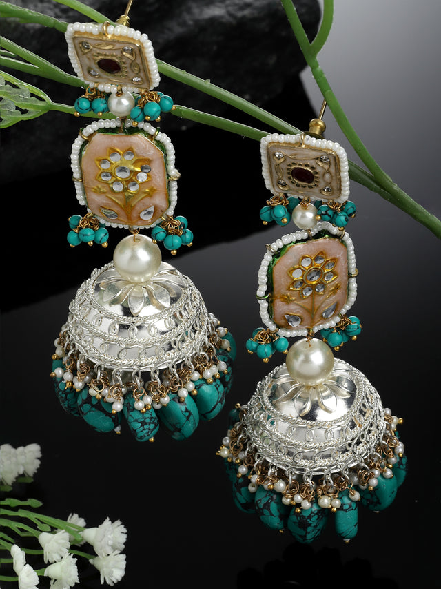 Peach And Blue Silver-Plated Kundan And American Diamonds Jhumkas Earring