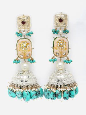 Peach And Blue Silver-Plated Kundan And American Diamonds Jhumkas Earring