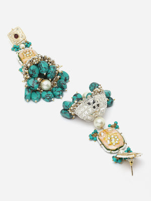 Peach And Blue Silver-Plated Kundan And American Diamonds Jhumkas Earring