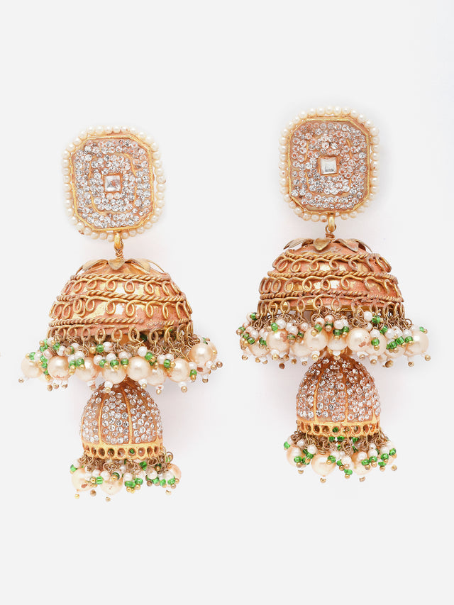 Brown And Cream Gold-Plated American Diamonds And Pearls Jhumkas Earring