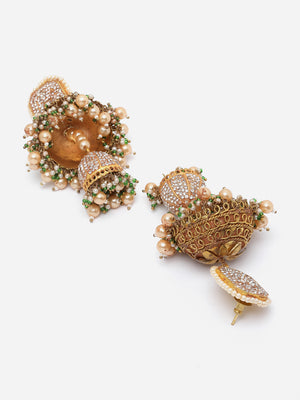 Brown And Cream Gold-Plated American Diamonds And Pearls Jhumkas Earring