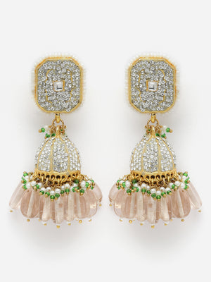 Pink And Green Gold-Plated American Diamonds And Pearls Jhumkas Earring