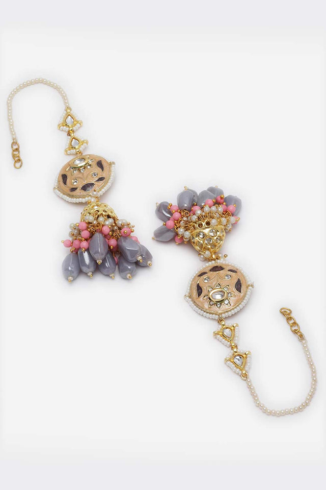 Pink And Gray Kundan And American Diamonds Jhumkas Earring