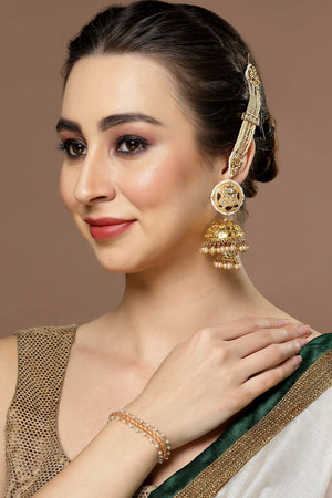 White And Gold Kundan And American Diamonds Jhumkas Earring