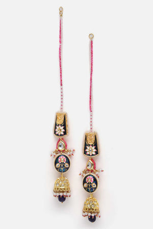 Blue And Pink Kundan And American Diamonds Jhumkas Earring