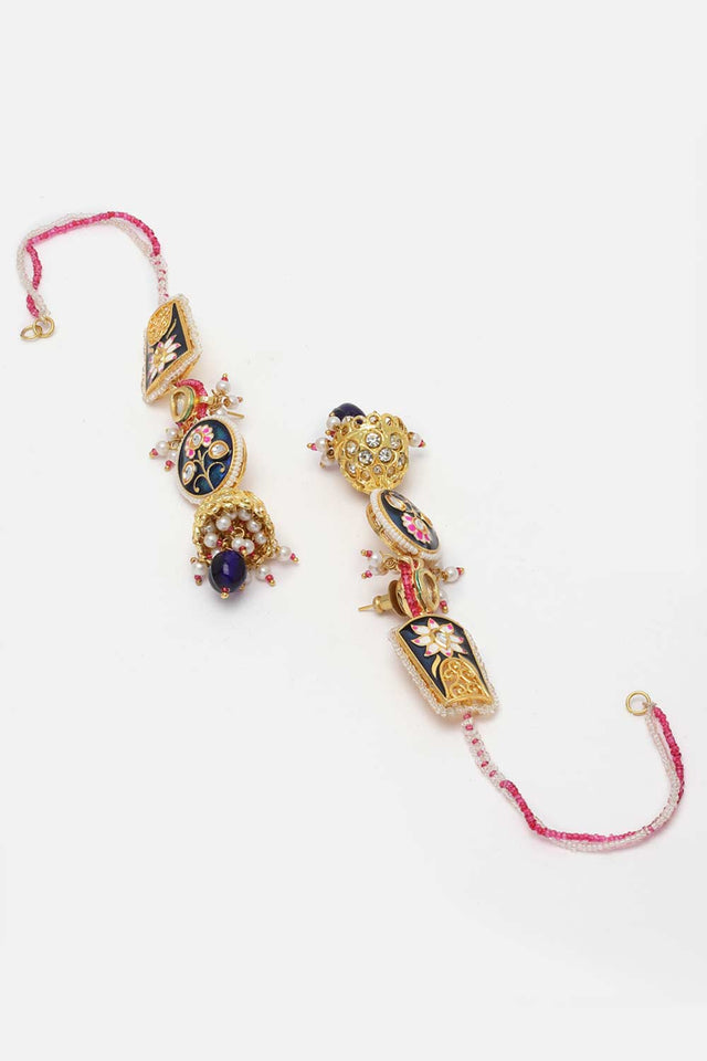 Blue And Pink Kundan And American Diamonds Jhumkas Earring