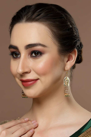 Green And Gold Kundan And Pearls Jhumkas Earring