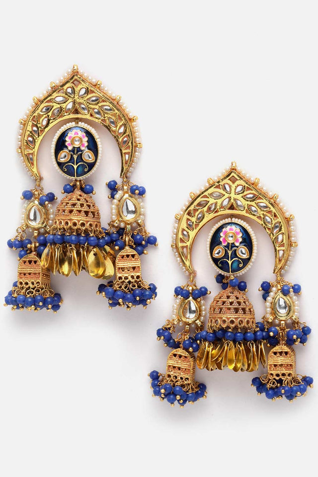 Blue And Gold Kundan And Pearls Jhumkas Earring