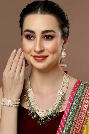 Pink And Gold Kundan And Pearls Jhumkas Earring (DGEJ23021)