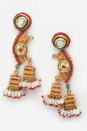 Red And Gold Kundan And Pearls Jhumkas Earring
