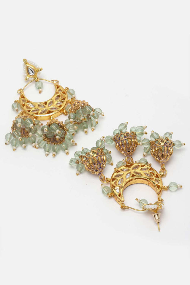 Green And Gold Kundan And Pearls Chandbali Earring