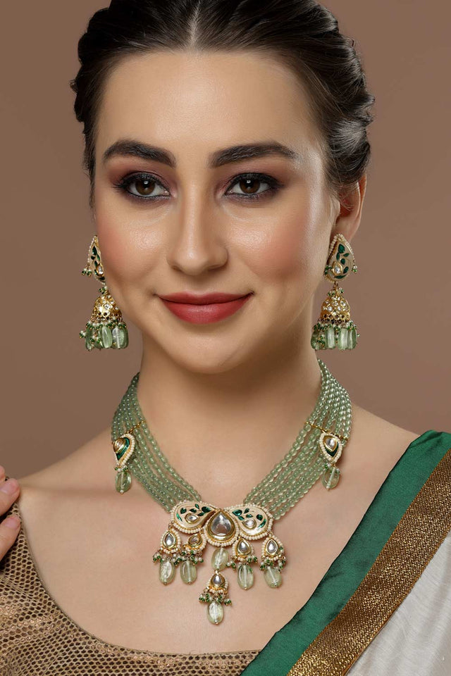 Green And Gold Kundan And American Diamonds Jhumkas Earring