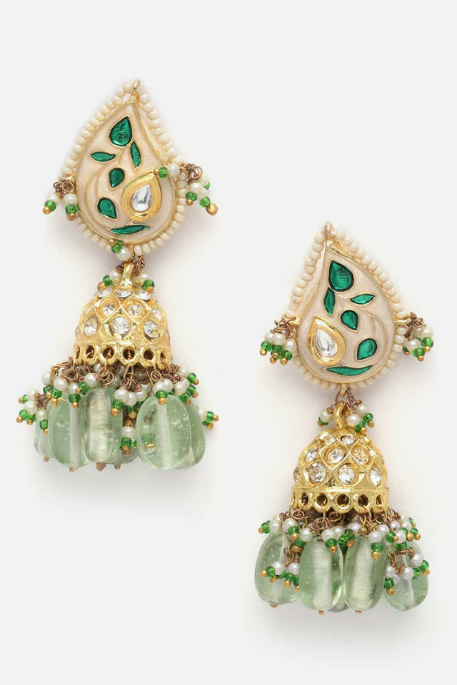 Green And Gold Kundan And American Diamonds Jhumkas Earring