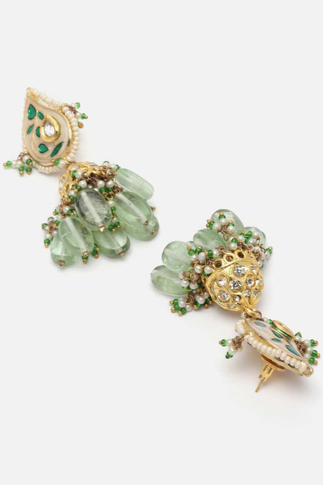 Green And Gold Kundan And American Diamonds Jhumkas Earring