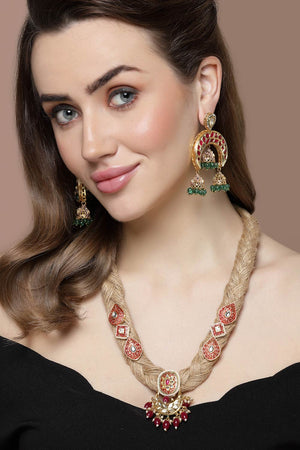 Red And Green Jhumkas Earring With Kundan And American Diamond