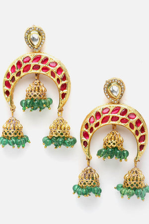 Red And Green Jhumkas Earring With Kundan And American Diamond