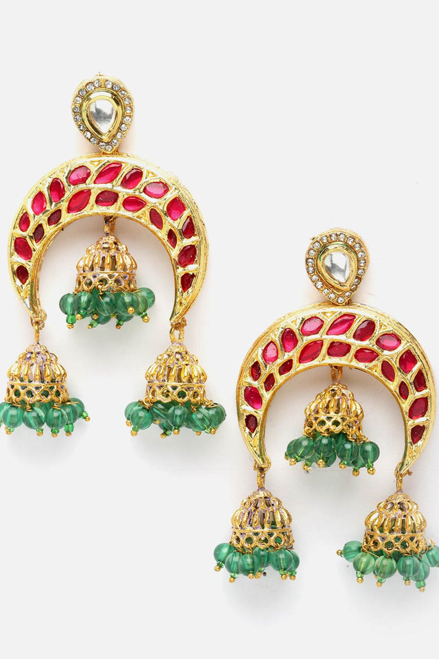 Red And Green Jhumkas Earring With Kundan And American Diamond