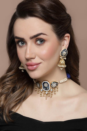 Blue And Gold Jhumkas Earring With Kundan And American Diamond