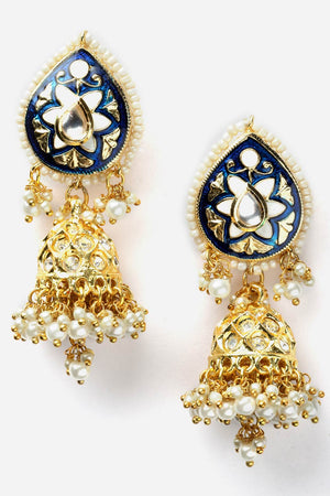 Blue And Gold Jhumkas Earring With Kundan And American Diamond