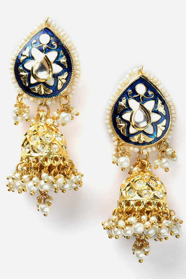 Blue And Gold Jhumkas Earring With Kundan And American Diamond
