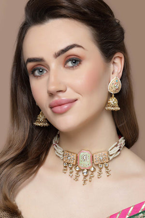 Peach And Green Jhumkas Earring With Kundan And American Diamond