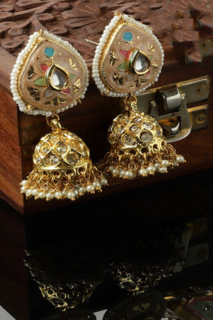 Peach And Green Jhumkas Earring With Kundan And American Diamond