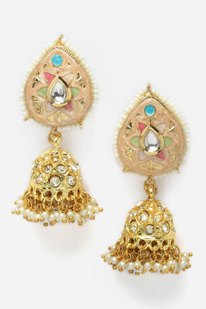 Peach And Green Jhumkas Earring With Kundan And American Diamond