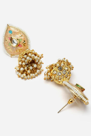 Peach And Green Jhumkas Earring With Kundan And American Diamond