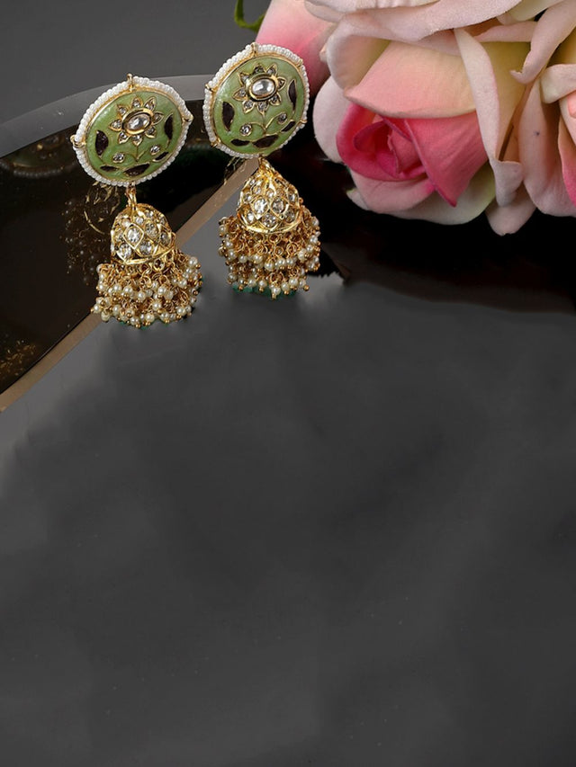 Green And Grey Jhumkas Earring With Kundan And American Diamonds