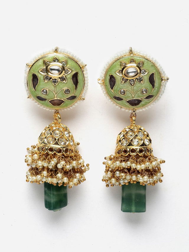Green And Grey Jhumkas Earring With Kundan And American Diamonds