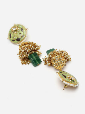 Green And Grey Jhumkas Earring With Kundan And American Diamonds