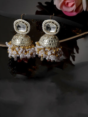 Silver And Red Jhumkas Earring With Kundan And American Diamonds (DGEJ23041)