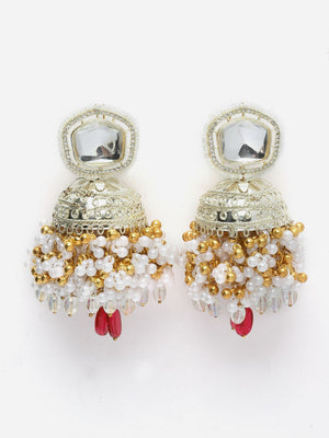 Silver And Red Jhumkas Earring With Kundan And American Diamonds (DGEJ23041)