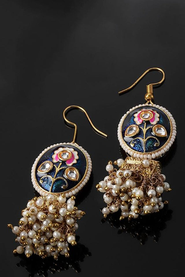 Blue And Gold Jhumkas Earring With Kundan And Pearls (DGEJ23043)