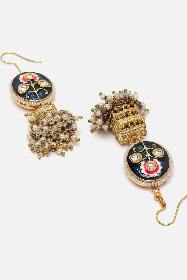 Blue And Gold Jhumkas Earring With Kundan And Pearls (DGEJ23043)