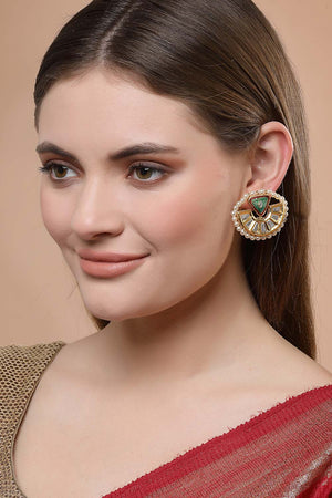 Green And Red Gold-Plated Kundan And Pearls Stud Earring