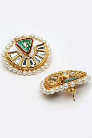 Green And Red Gold-Plated Kundan And Pearls Stud Earring