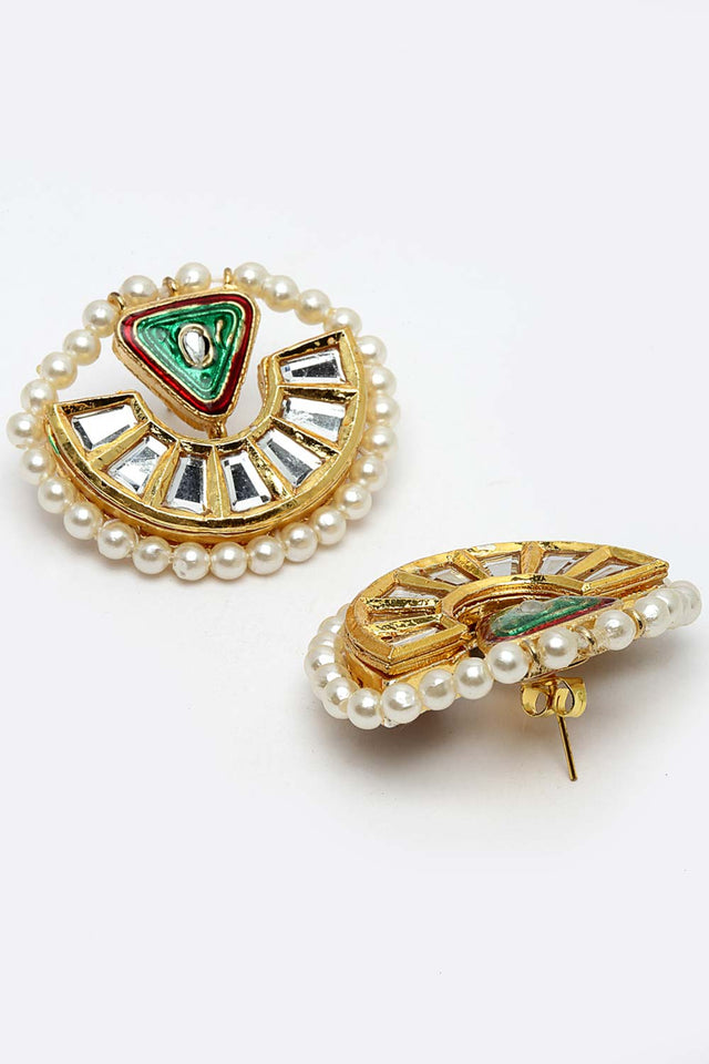 Green And Red Gold-Plated Kundan And Pearls Stud Earring