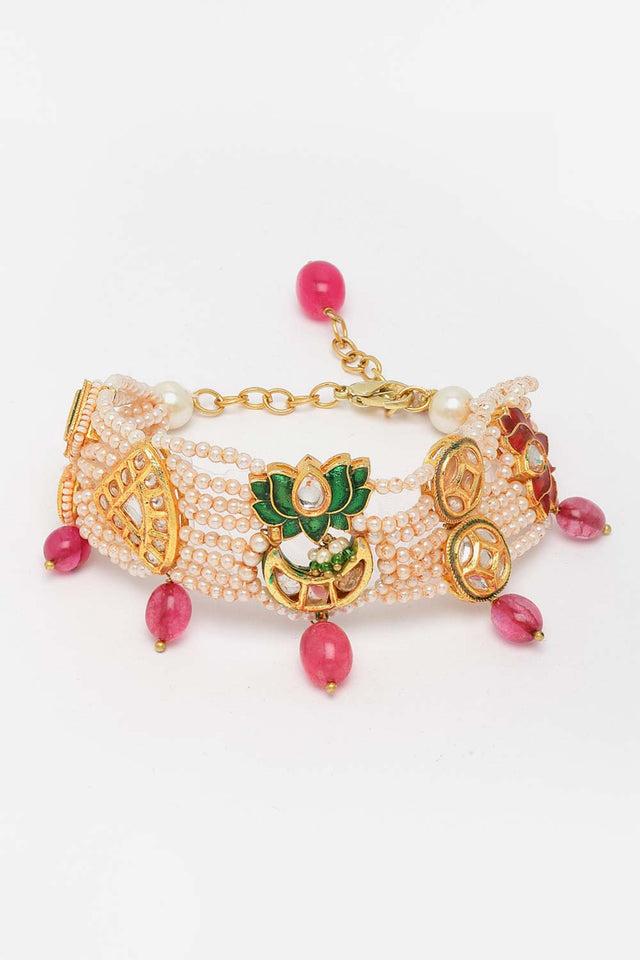 Pink Gold-Plated Kundan And Pearls Bracelet