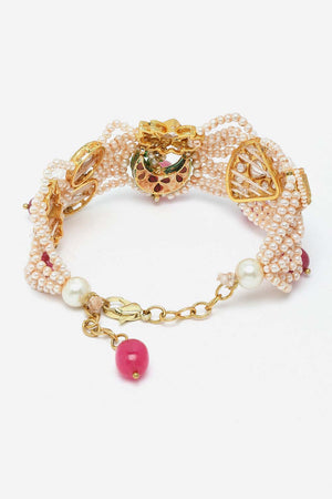 Pink Gold-Plated Kundan And Pearls Bracelet