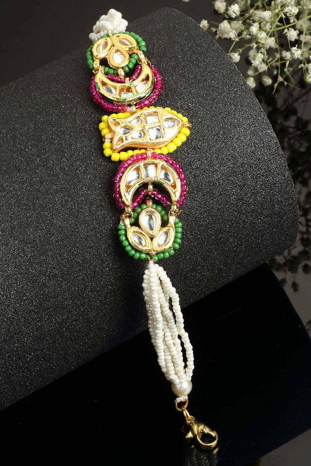 Multi-Color Gold-Plated Kundan And Pearls Bracelet