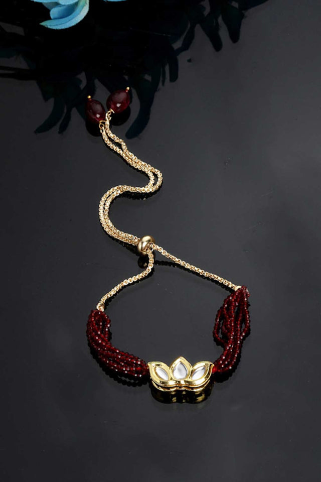 Red And Gold Gold-Plated Kundan And Pearls Bracelet