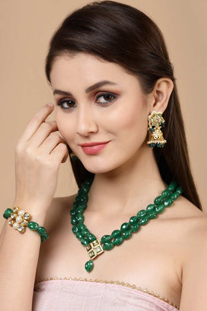 Green And Gold Gold-Plated Kundan And Pearls Bracelet