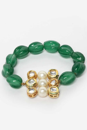 Green And Gold Gold-Plated Kundan And Pearls Bracelet