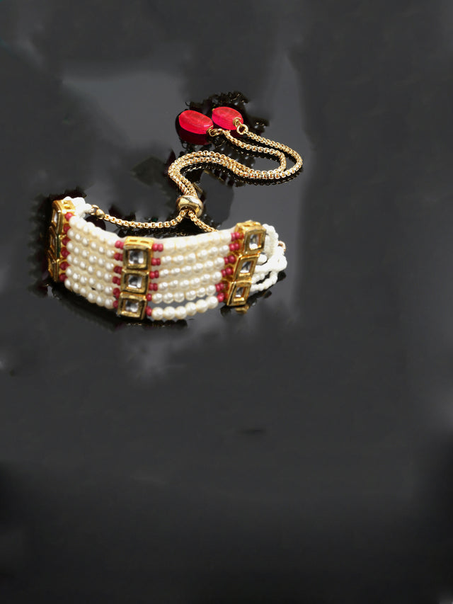 Red And Cream Layered Bracelet With Kundan And Pearls