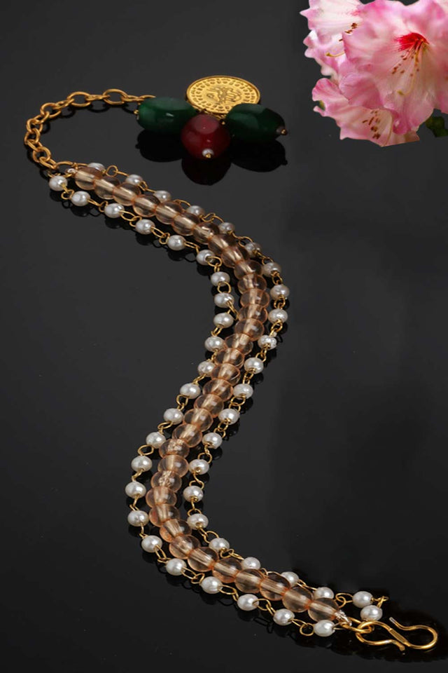 Peach And White Pearls And Natural Stones Adjustable Bracelet