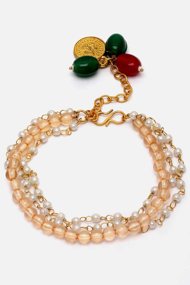 Peach And White Pearls And Natural Stones Adjustable Bracelet