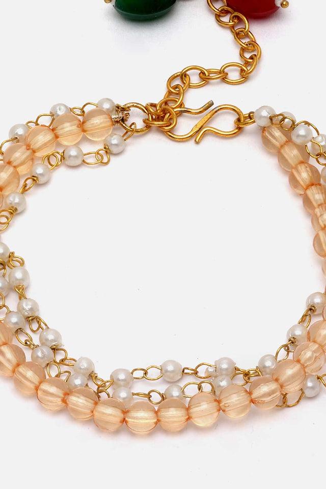 Peach And White Pearls And Natural Stones Adjustable Bracelet